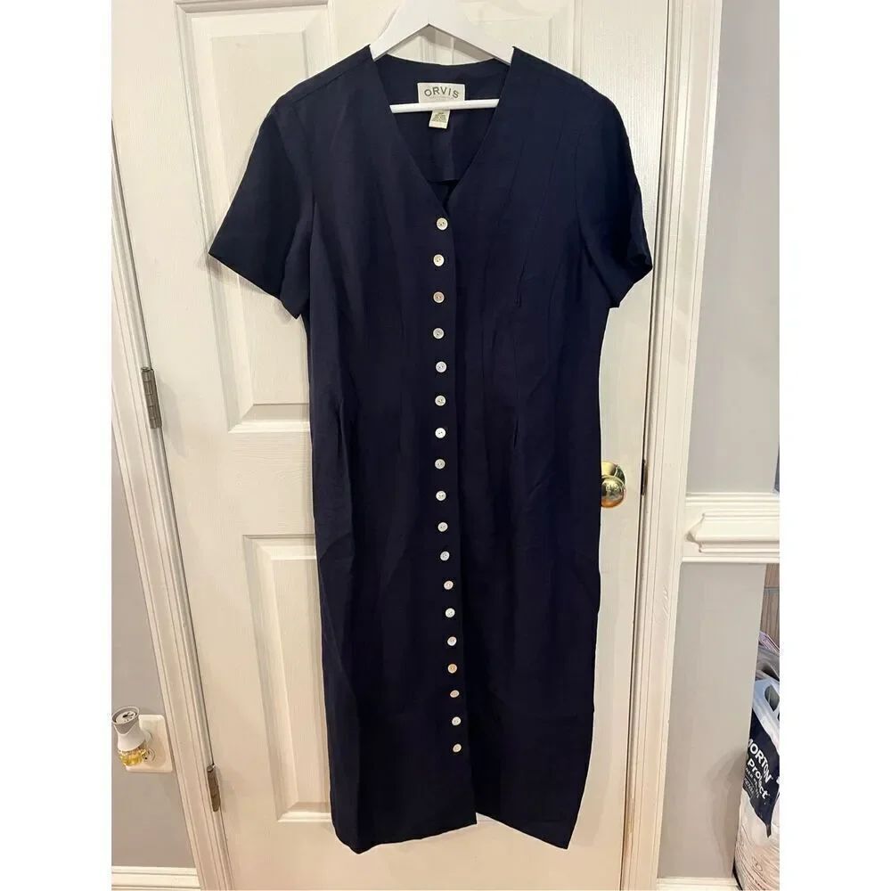Orvis Vintage Navy Linen Mother of a Pearl Button Down Maxi Dress sz 16P NWOT